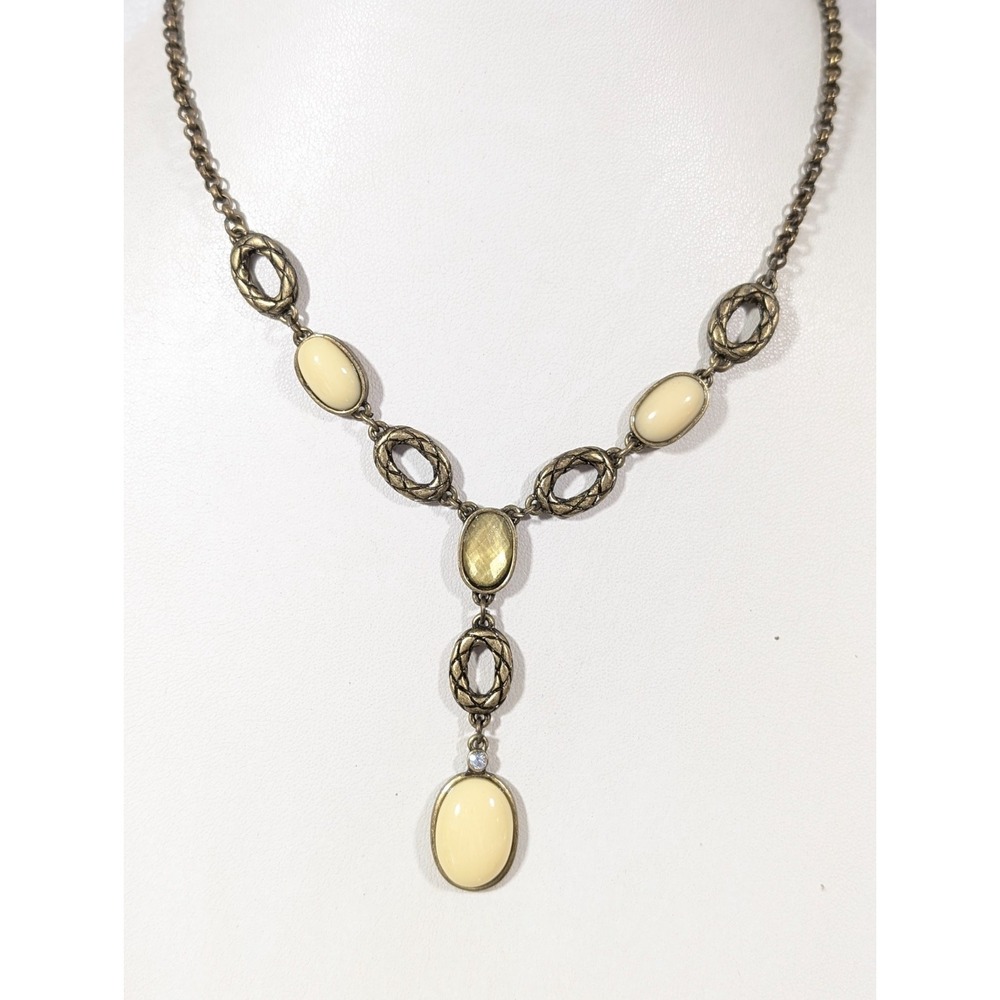 Bronze tone Cream Cabohcon Y-Drop Necklace Boho Western Chic‎ 17 in